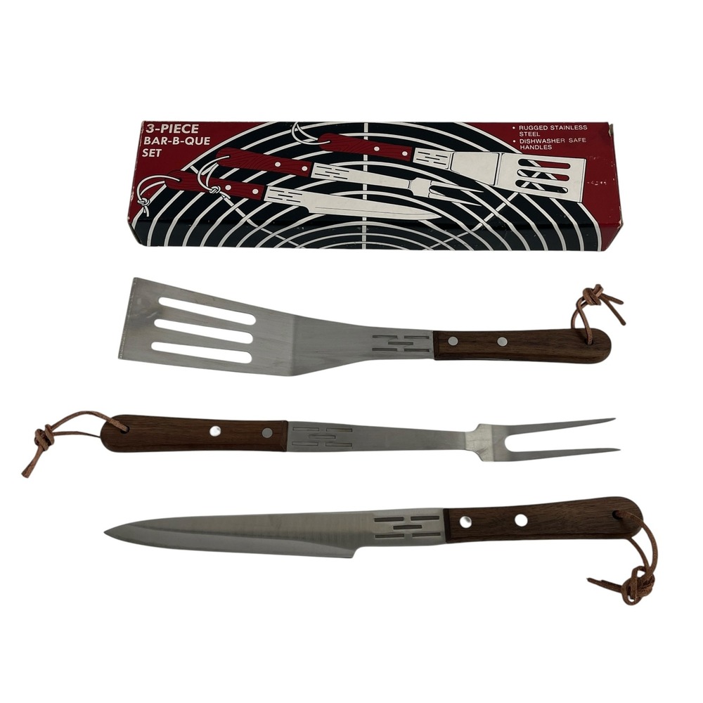 Vernco 3 Piece BBQ Set Stainless Steel Wood Handles Japan Vintage